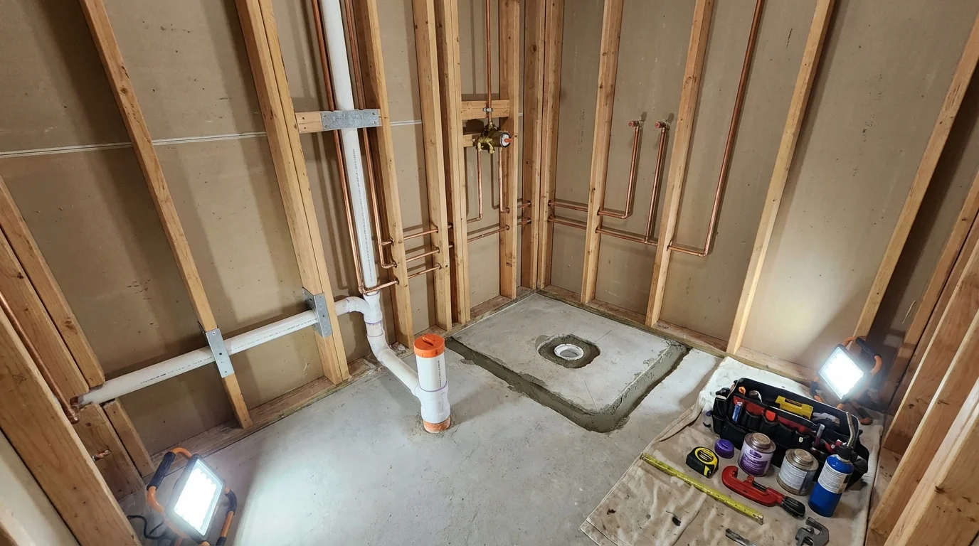 Bathroom rough-in plumbing during remodel by Johns Plumbing LLC in Port Allegany