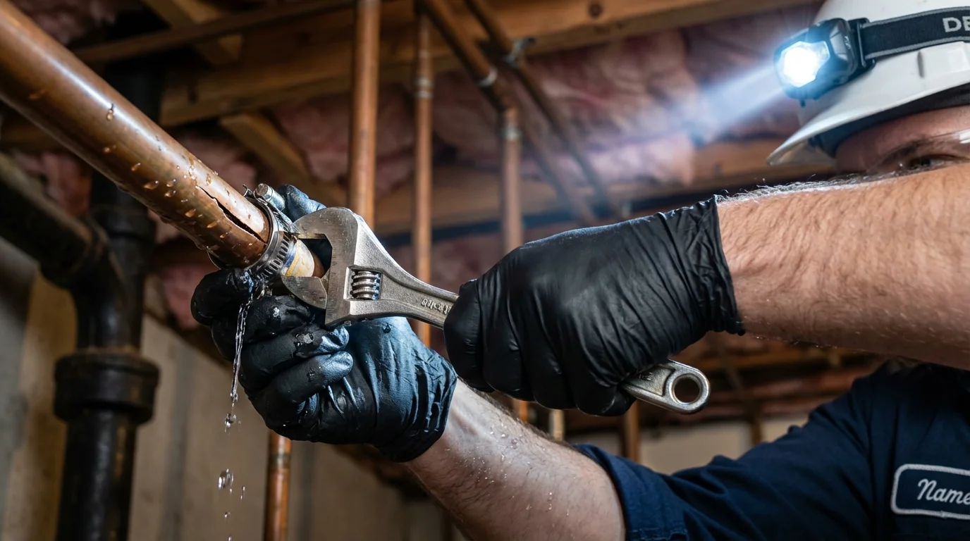 Emergency pipe clamp repair being performed by a Johns Plumbing LLC plumber in Port Allegany