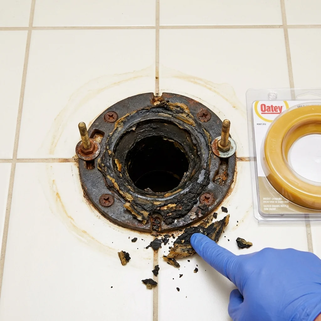 Failed wax ring showing water seepage at the base of a toilet in a Port Allegany, PA home