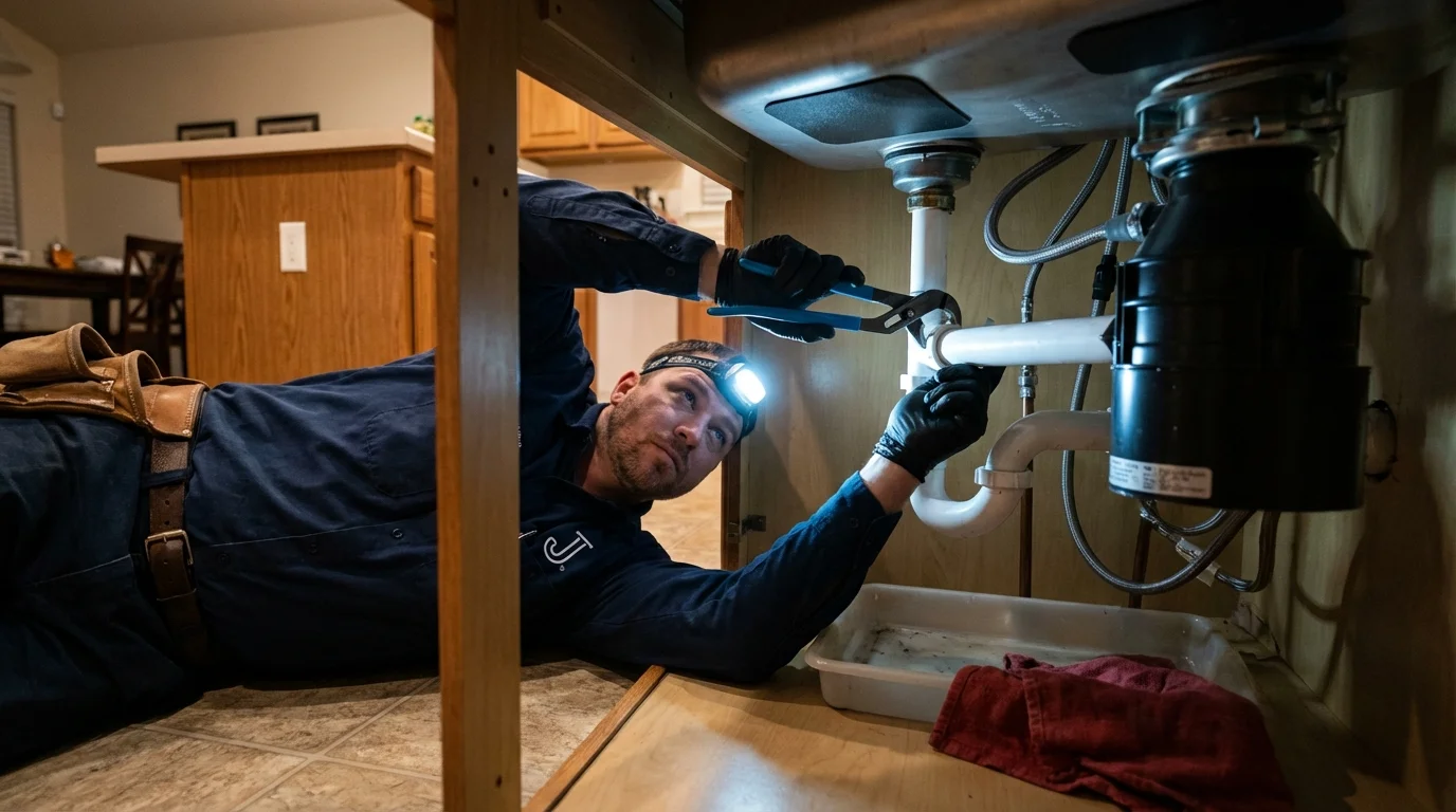 P-trap and supply line connections under a kitchen sink showing a common leak point in Port Allegany, PA